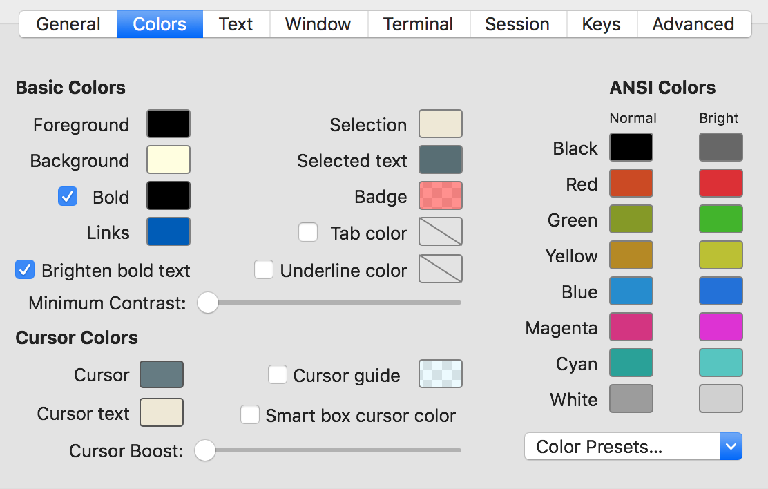 Screenshot of the color tab in the iTerm2 profile settings